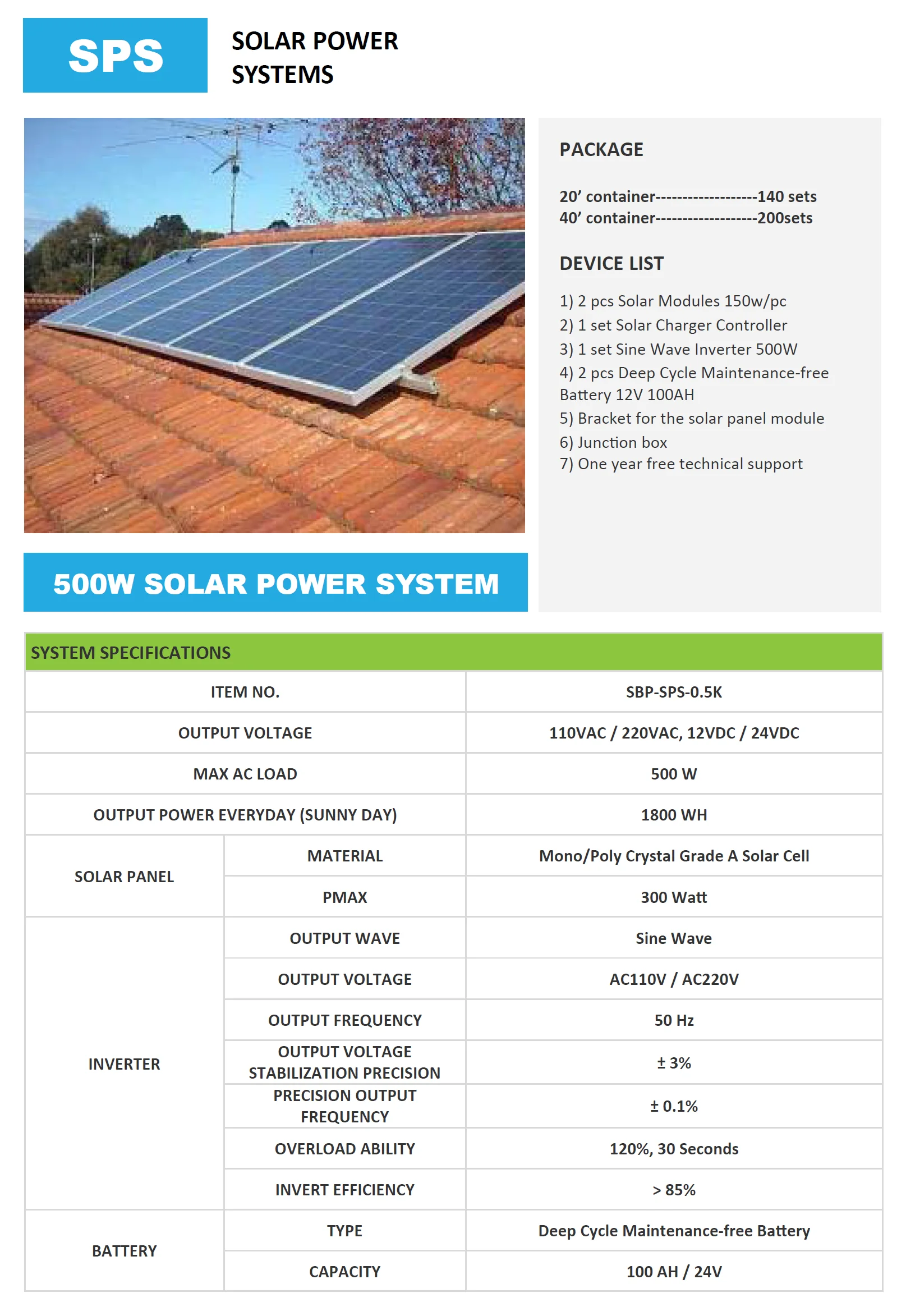 Solar Power System — 500W